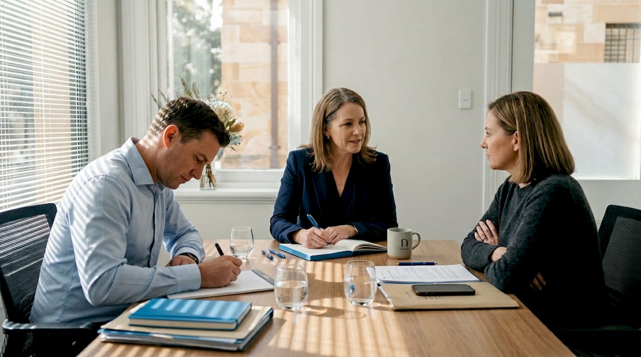 Mediator and clients discussing dispute resolution