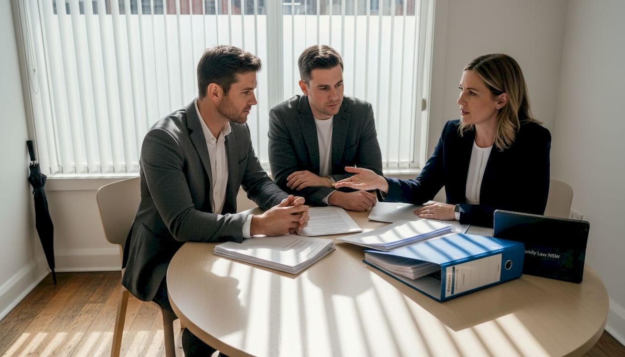 Lawyer consulting couple on family law NSW