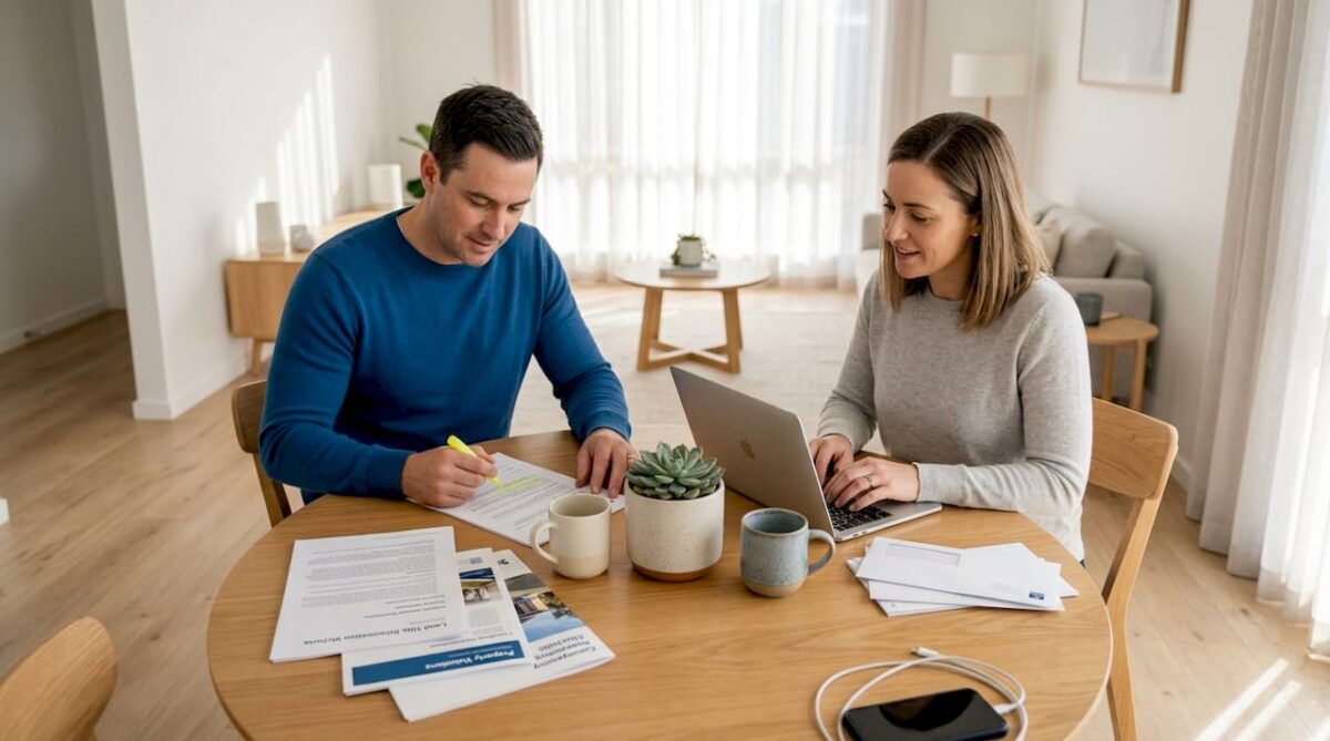 Co-owners reviewing property documents at home