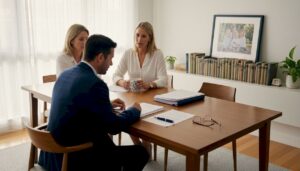 Family and solicitor at dining table reviewing estate plan