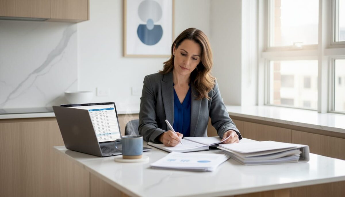 Woman reviewing property settlement documents at table