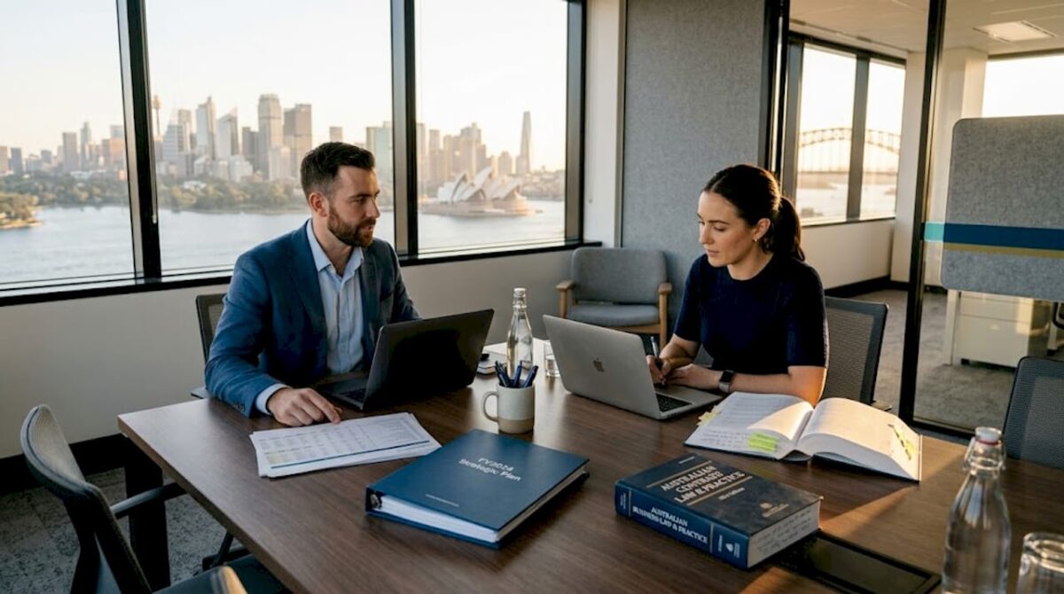 Co-founders discuss shareholder agreement at Sydney office