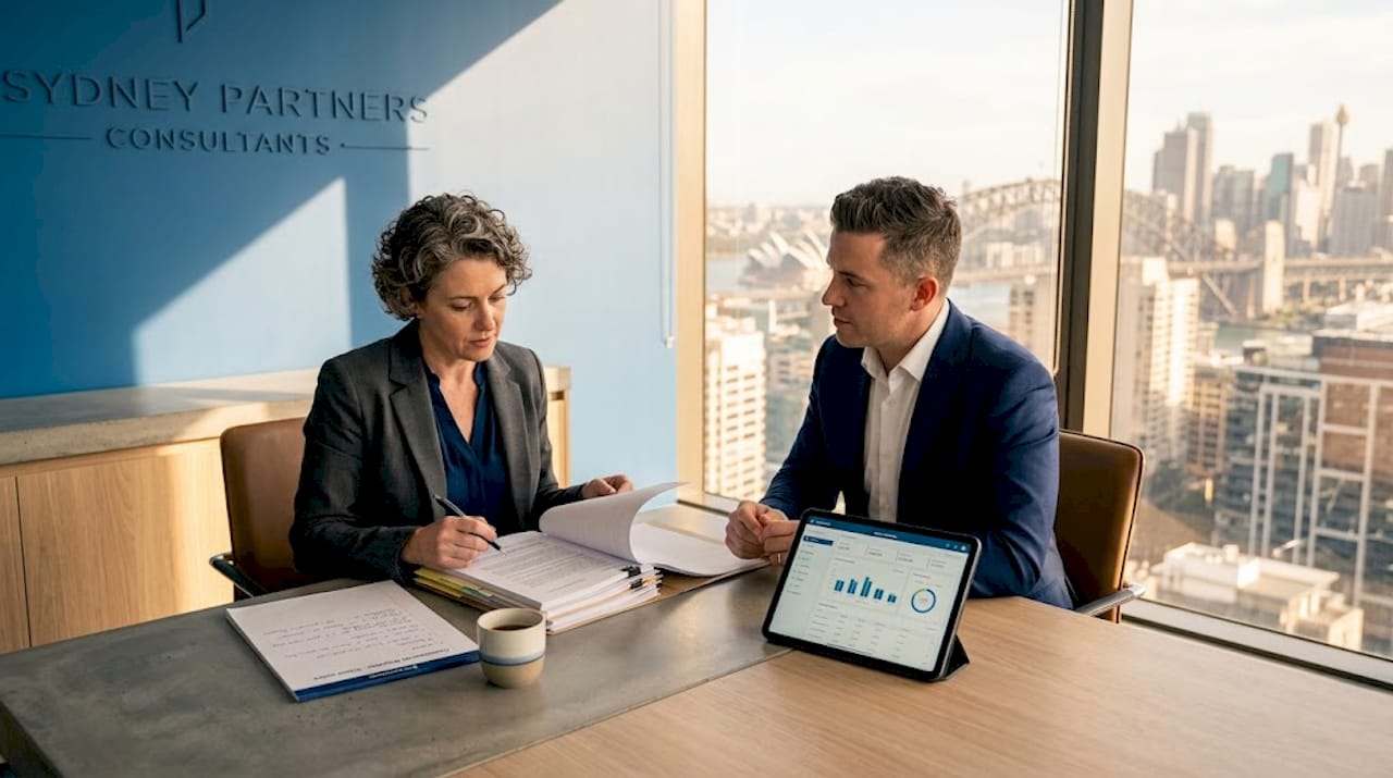 Business owner consulting lawyer about litigation
