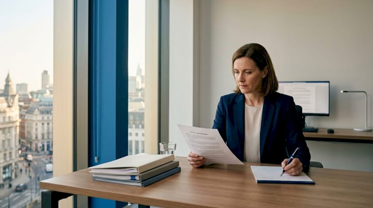 Lawyer reviewing estate documents in office