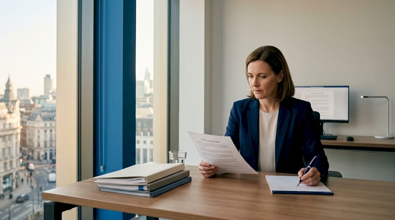 Lawyer reviewing estate documents in office