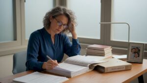 Woman reviewing estate papers at home table