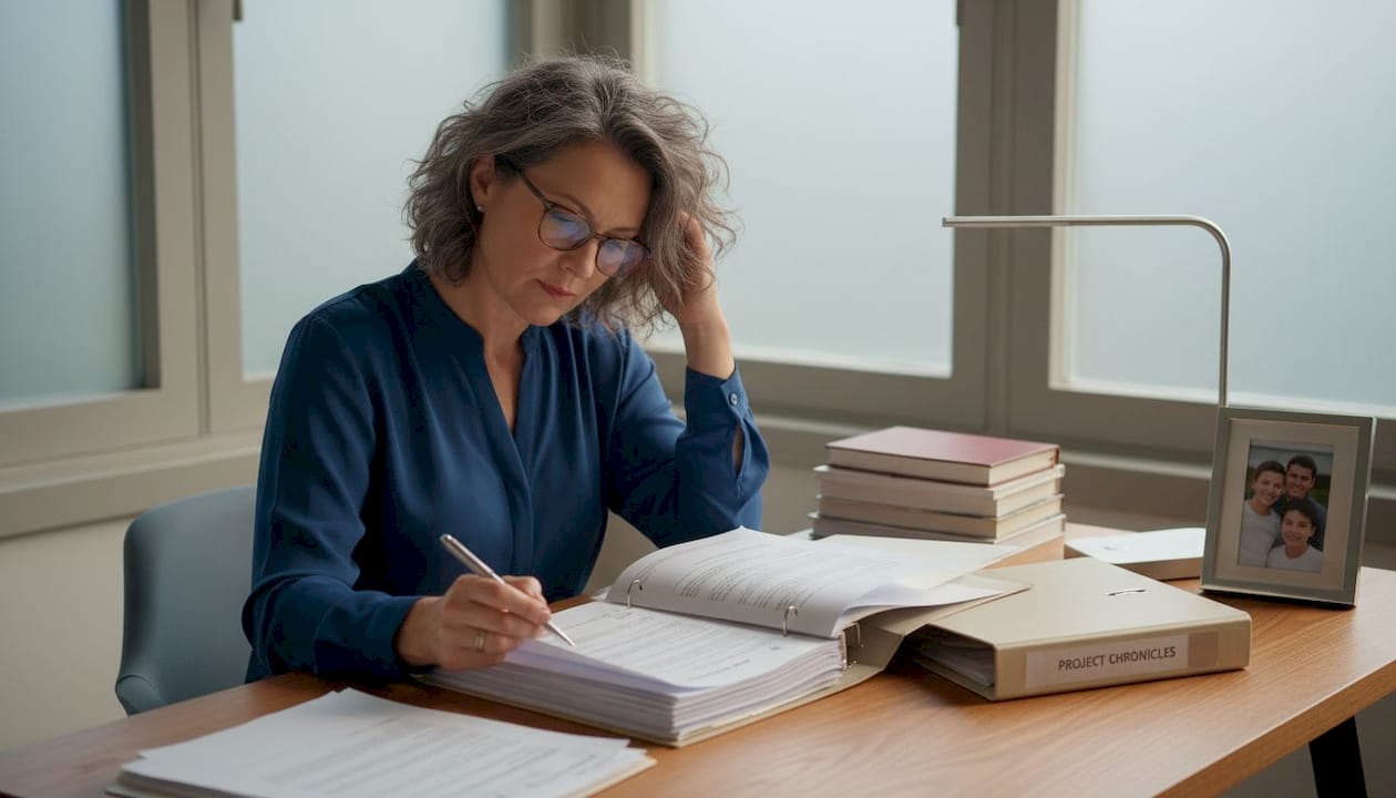 Woman reviewing estate papers at home table