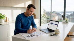 Man completing motor accident claim paperwork at table