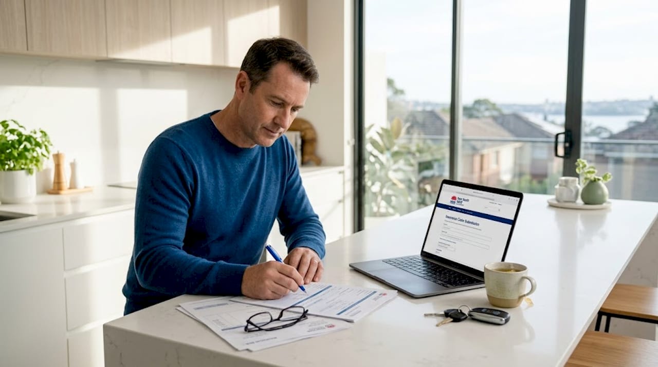 Man completing motor accident claim paperwork at table