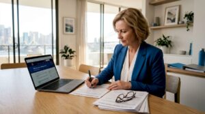 Woman filing personal injury claim at kitchen counter