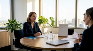 Mediator facilitating dispute discussion in office