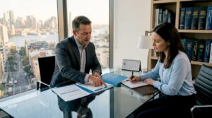 Lawyer reviewing documents with client in office