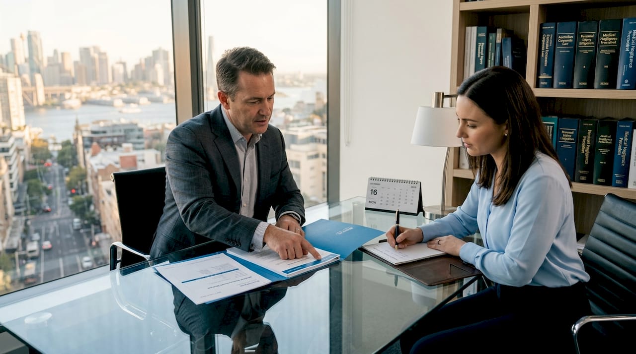 Lawyer reviewing documents with client in office