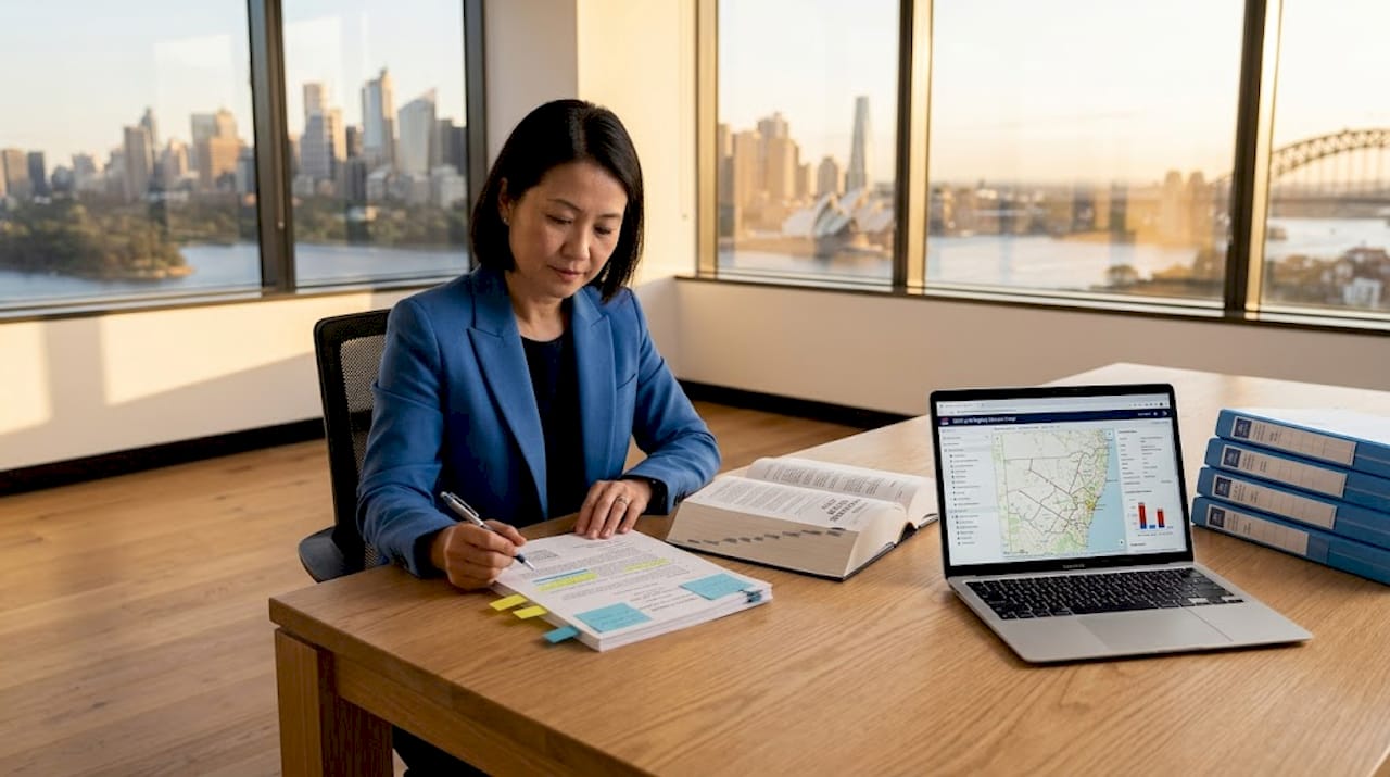 Lawyer reviewing property documents in Sydney office