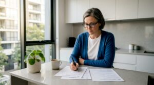 Woman filling divorce paperwork in Sydney home