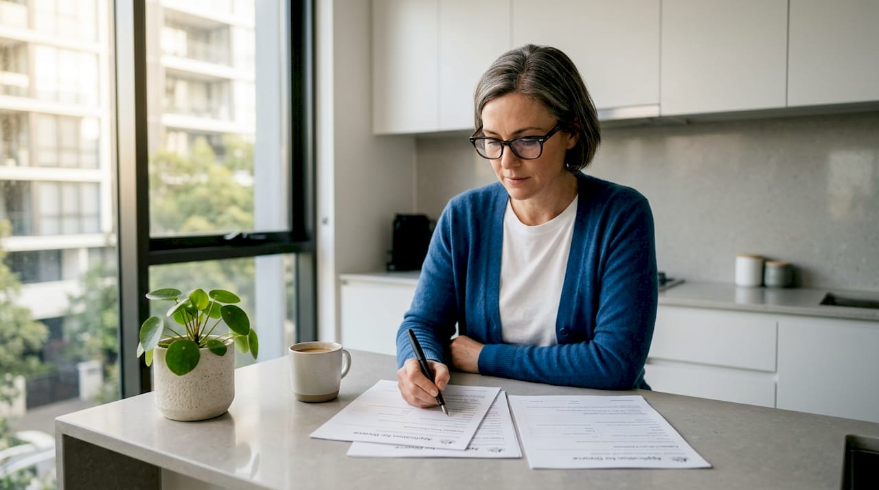 Woman filling divorce paperwork in Sydney home