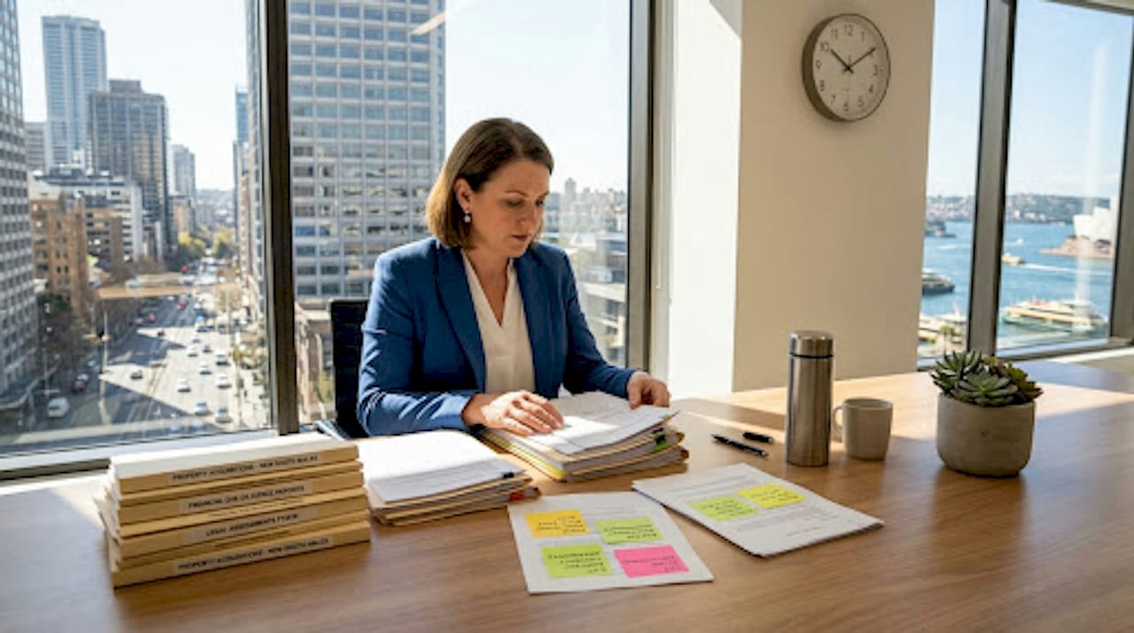 Solicitor sorting property settlement documents in office