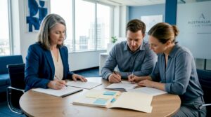 Lawyer and clients reviewing family law documents